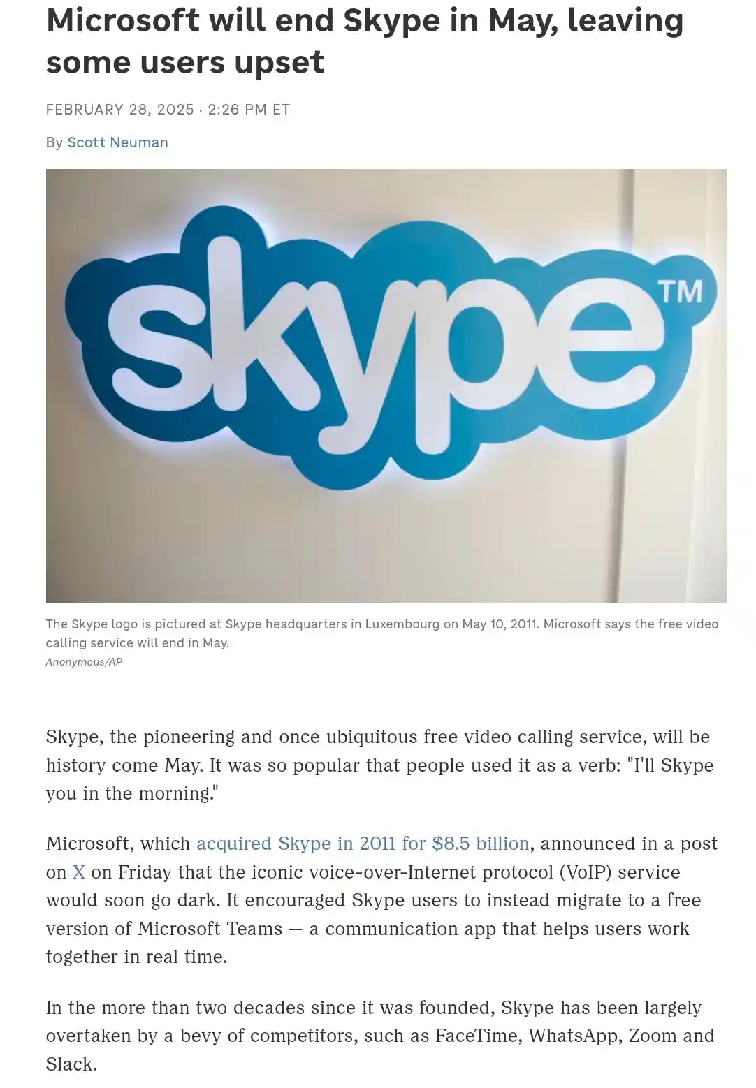 A news article screenshot shows a blue and white Skype logo on a wall, with the headline 'Microsoft will end Skype in May…