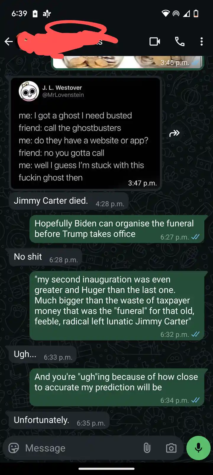 A screenshot of a WhatsApp chat shows a user jokingly comparing the need to call Ghostbusters for a ghost to the political…