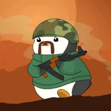 A six-panel comic strip featuring a cartoon penguin soldier in a green camouflage uniform and helmet, holding an assault…