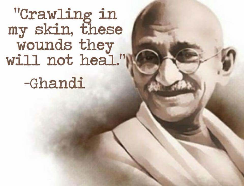 A sepia-toned portrait of Mahatma Gandhi smiling, wearing round glasses and a white dhoti. Overlaid text in brown font…