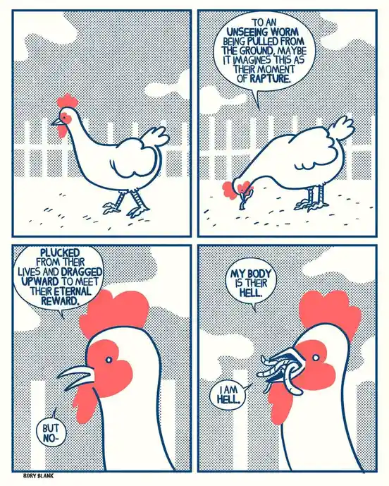 A four-panel comic strip by Rory Blank shows a chicken pecking at the ground, then holding a worm in its beak. The text…