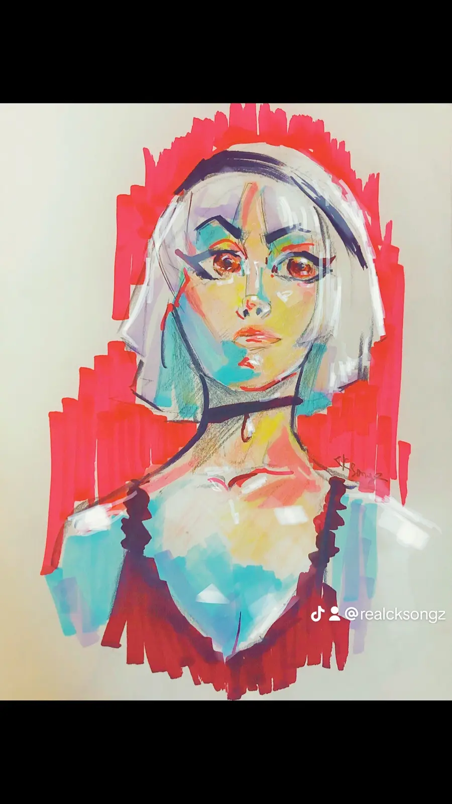A colorful, abstract digital painting of a person with short white hair, red eyes, and a red spiked halo-like background…
