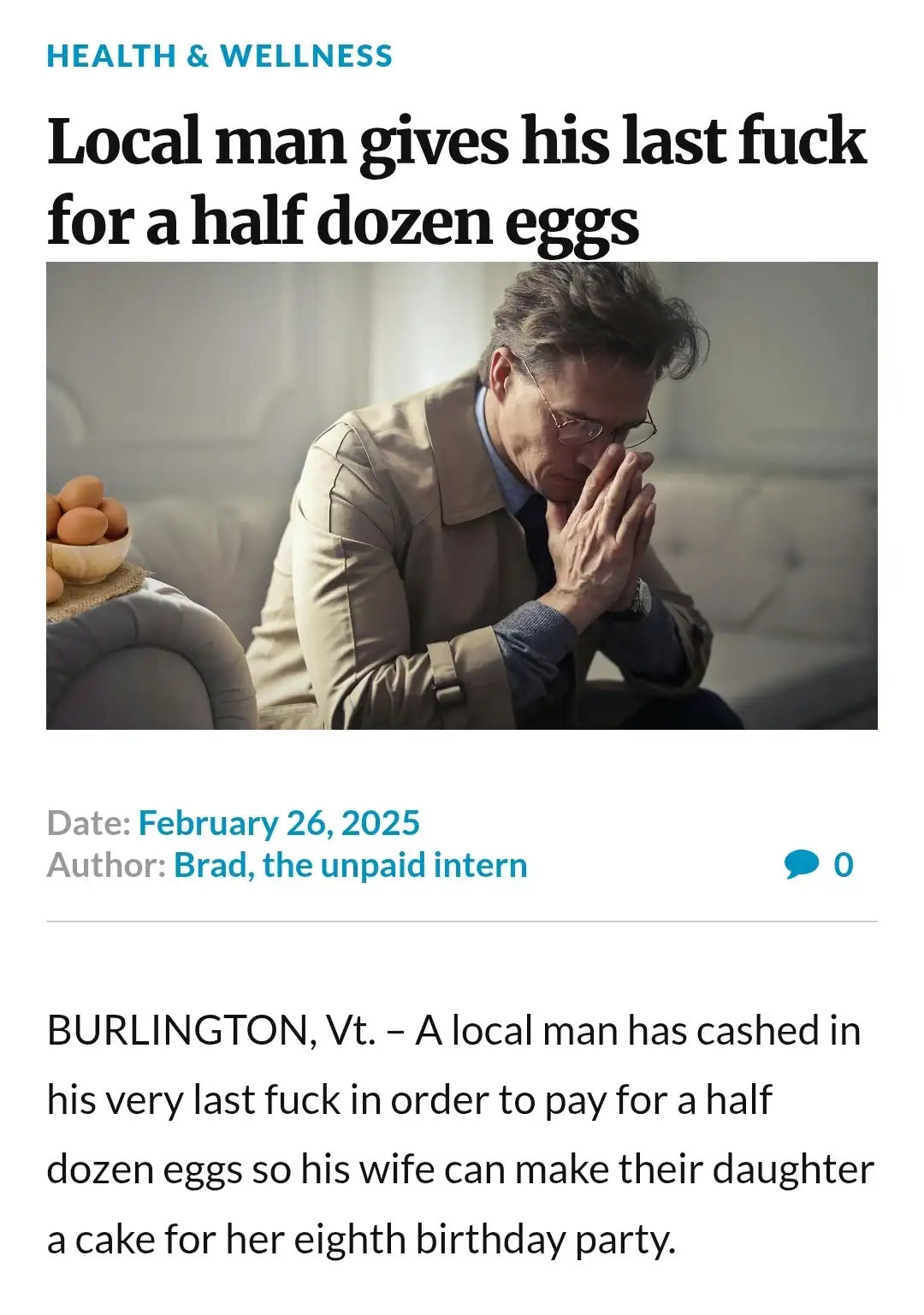 An image mimicking a news article shows a man in a beige trench coat sitting on a couch with his hands clasped over his face…
