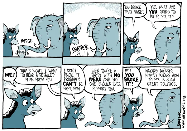 A six-panel comic strip featuring a donkey and an elephant. The donkey nudges a vase, causing it to shatter. The elephant…