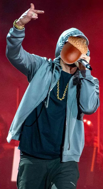 a person wearing a grey hoodie and black shirt, holding a microphone, with an acorn superimposed over their face. Their…