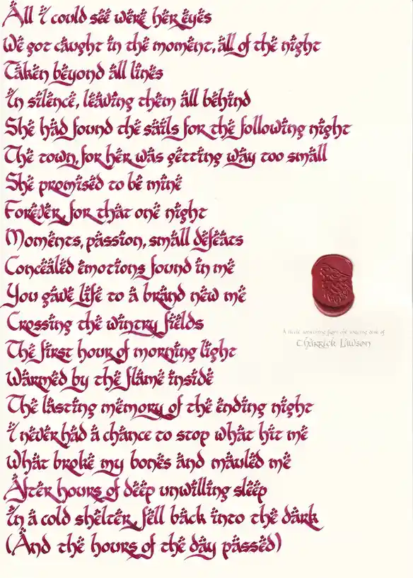A handwritten poem in ornate purple script on cream paper, with a red wax seal and a small signature at the bottom right…