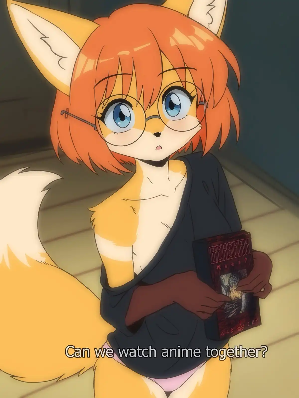 An anime-style anthropomorphic fox girl with orange hair, glasses, and a fluffy tail holds a 'Berserk' manga volume while…