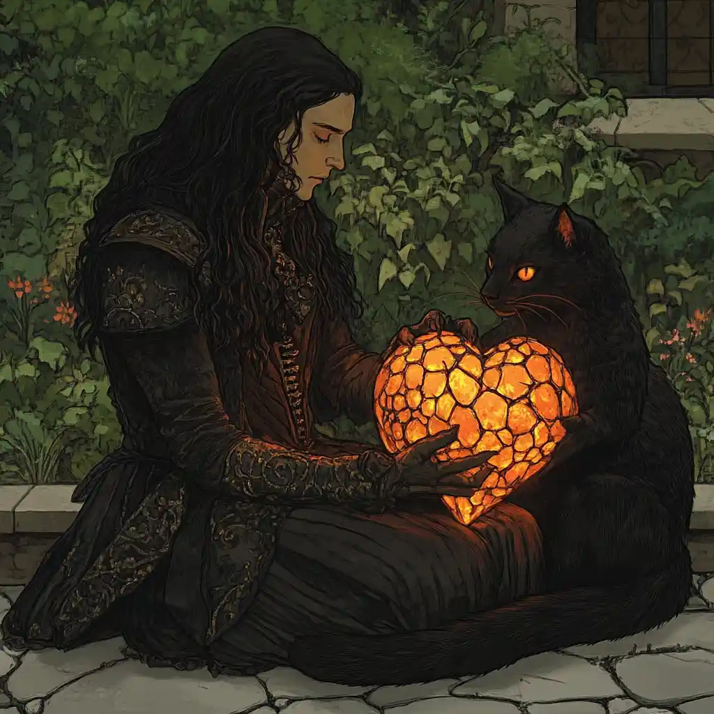 A person with long dark hair in ornate dark clothing sits on a stone patio, holding a glowing, mosaic-style heart-shaped…