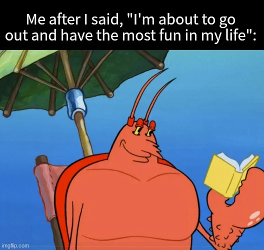 A cartoon lobster sits in a beach chair under a green umbrella, holding a yellow book and smiling smugly while looking away…