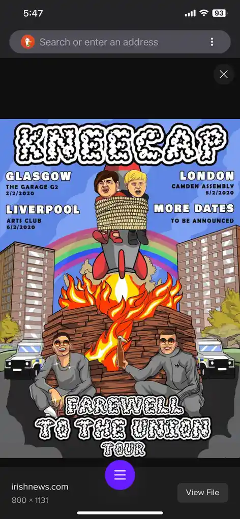 A cartoon concert poster for 'KNEECAP' shows two men sitting in front of a bonfire, with a rocket launching from the fire…