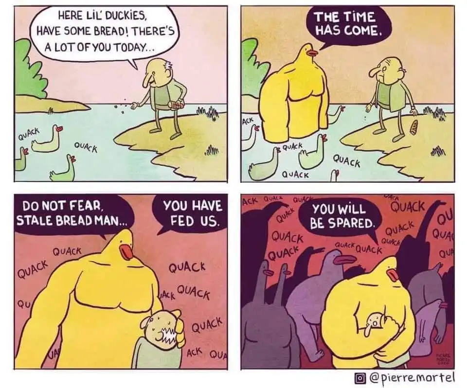 A four-panel comic strip shows a man feeding ducks bread. The ducks grow into giant, muscular, yellow duck-like creatures…