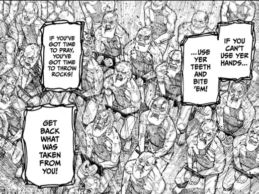 A black-and-white manga panel shows a chaotic crowd of angry, bearded, insect-headed men shouting from speech bubbles. The…