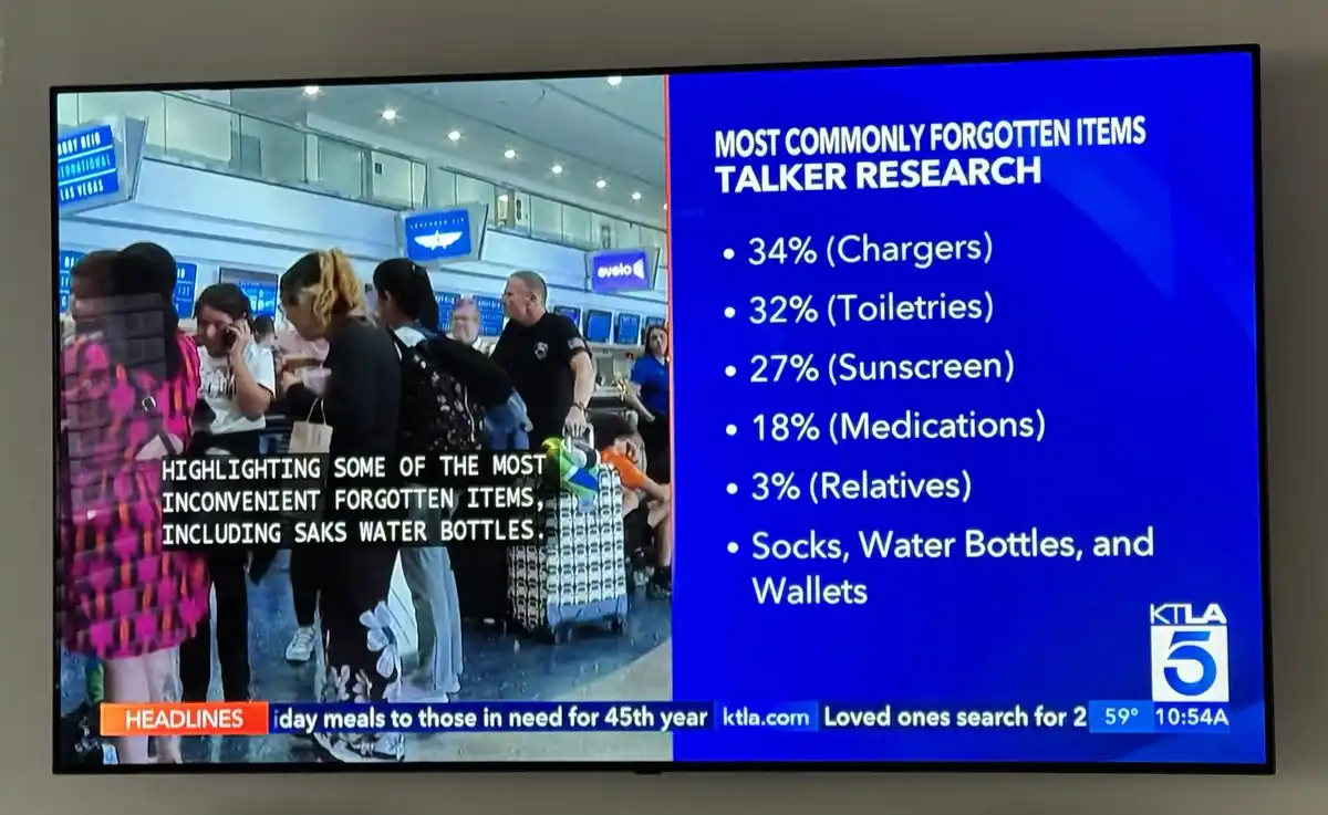 A television screen displays a news segment about forgotten items at an airport, showing a crowd of travelers and a graphic…