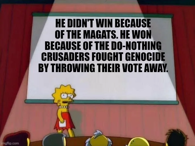 Lisa Simpson stands at a podium in front of a projector screen, delivering a speech to an audience. The screen behind her…