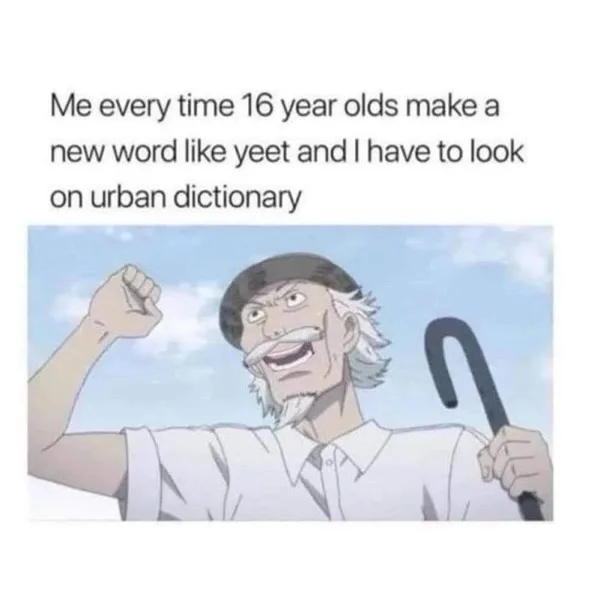 An anime character with a white beard, black beret, and cane, flexing his arm with a triumphant grin. The text above reads…