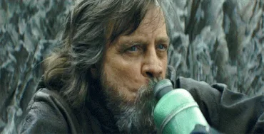 A six-panel sequence shows Luke Skywalker from Star Wars, initially drinking from a green canteen, then progressively…