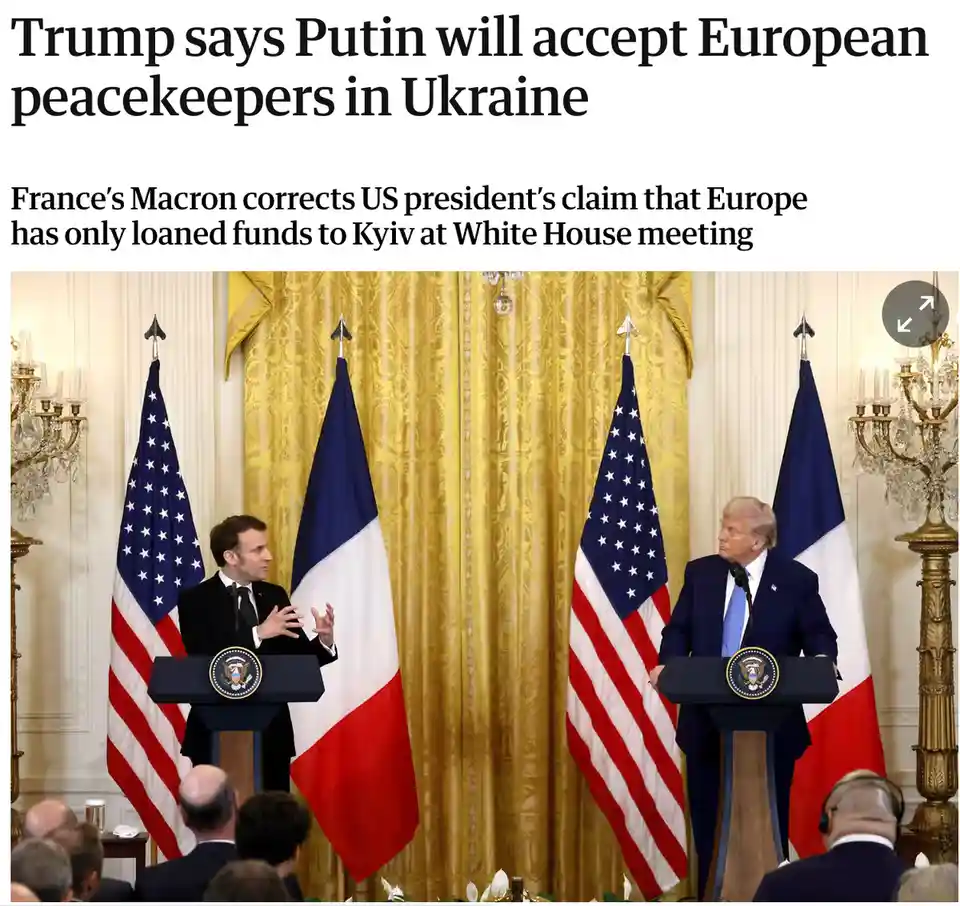 Two men stand at podiums in a formal room with American and French flags behind them. The man on the left gestures while…