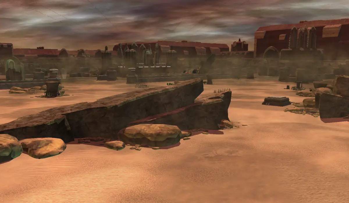 A screenshot from a video game depicts a desolate, sandy wasteland with broken stone structures and distant, crumbling…