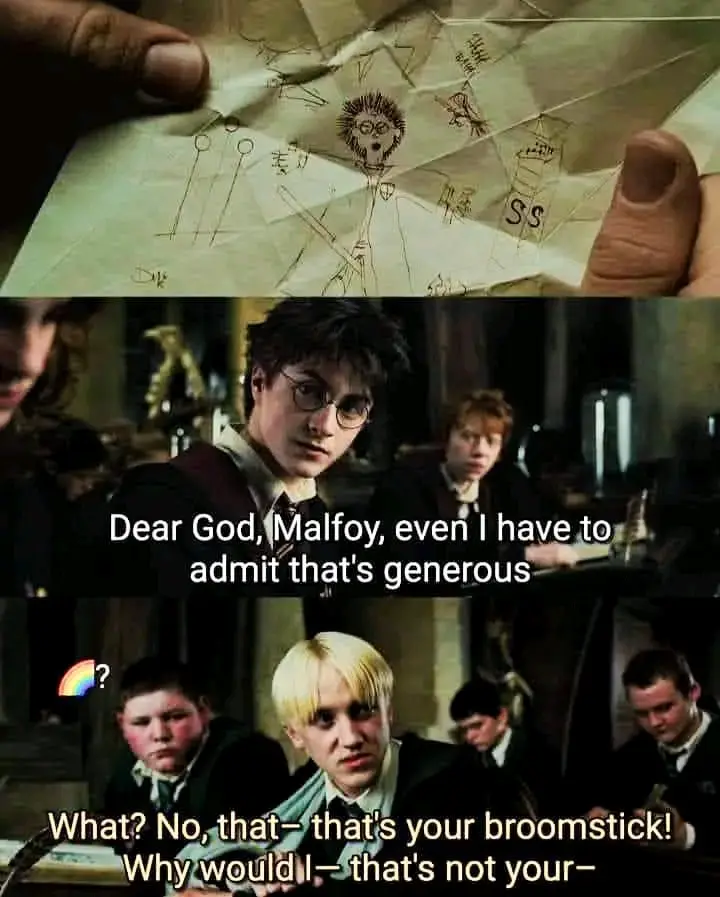 A three-panel meme from Harry Potter showing a child's drawing of a broomstick with a face, Harry Potter saying 'Dear God…