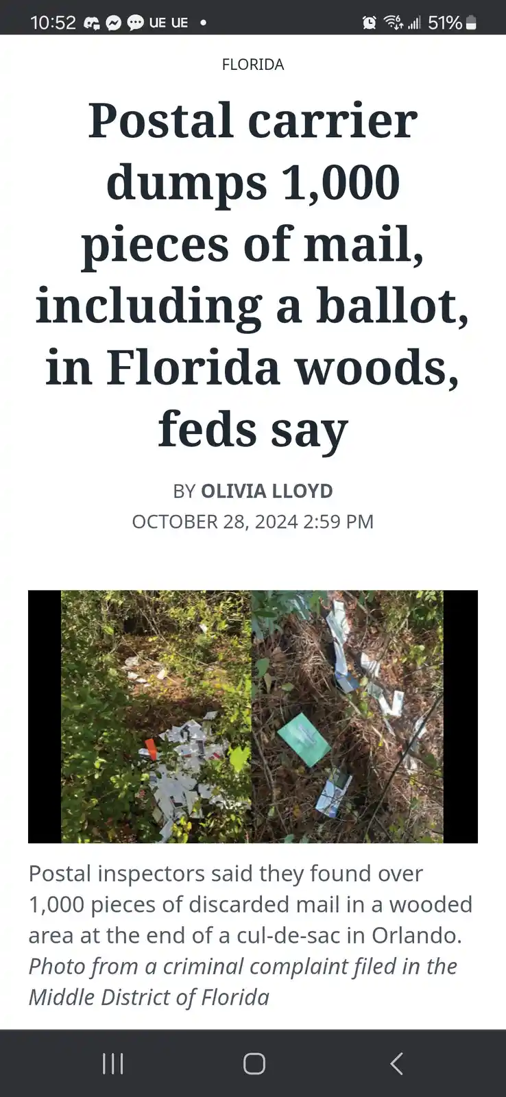 A screenshot of a news article from Florida shows a headline about a postal carrier dumping 1,000 pieces of mail, including…