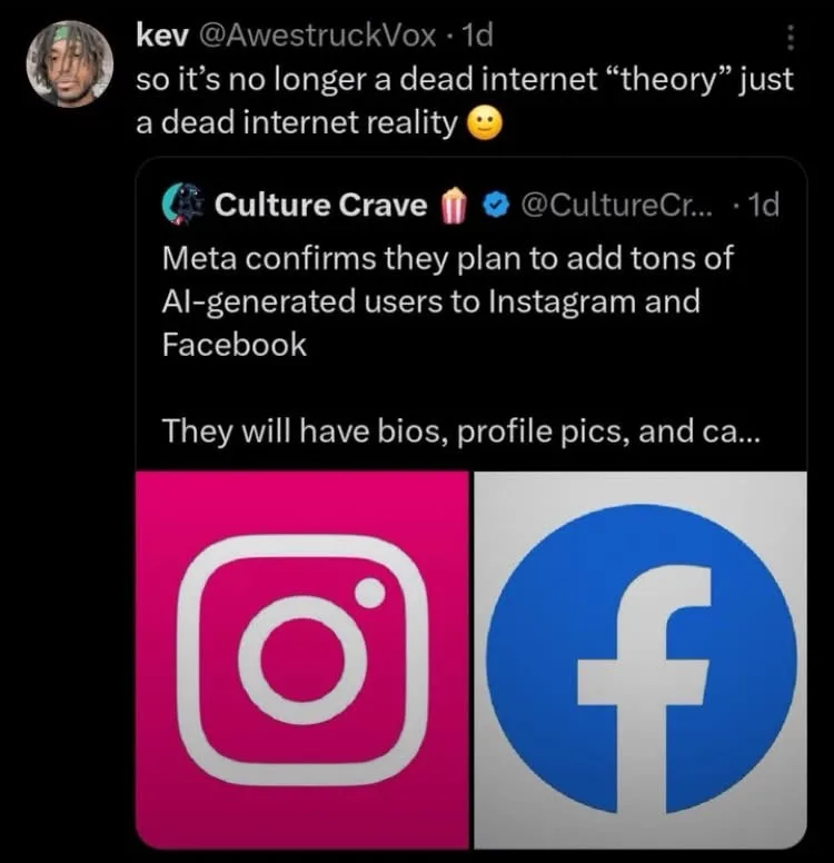 A screenshot of a tweet from 'kev @AwestruckVox' replying to a tweet from 'Culture Crave' that says 'Meta confirms they plan…