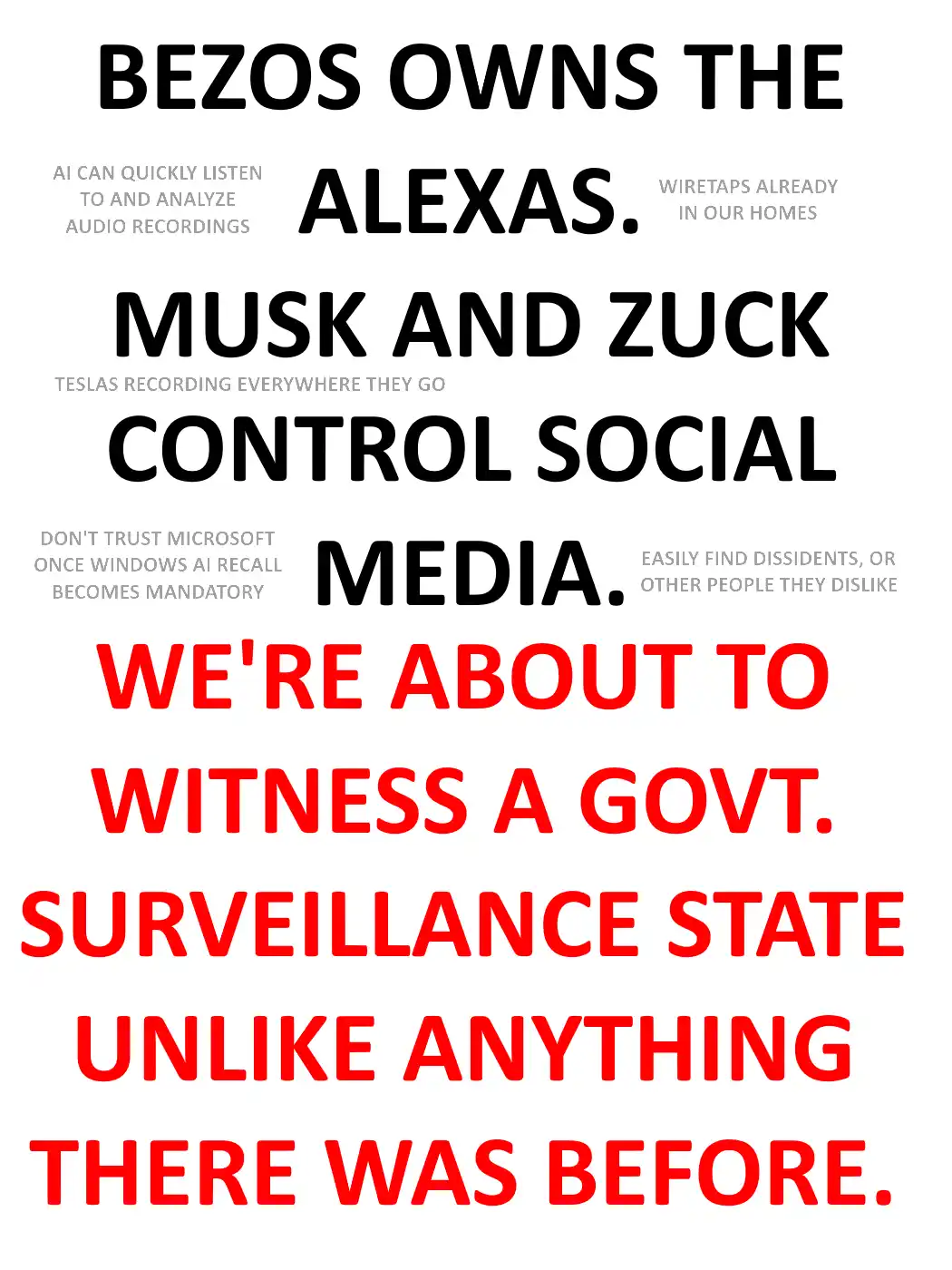 A white background image with bold black and red text listing concerns about tech giants: 'BEZOS OWNS THE ALEXAS,' 'MUSK AND…