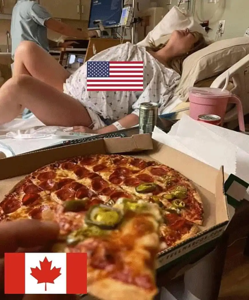 A person lies in a hospital bed with an American flag digitally placed over their chest, while a hand in the foreground…