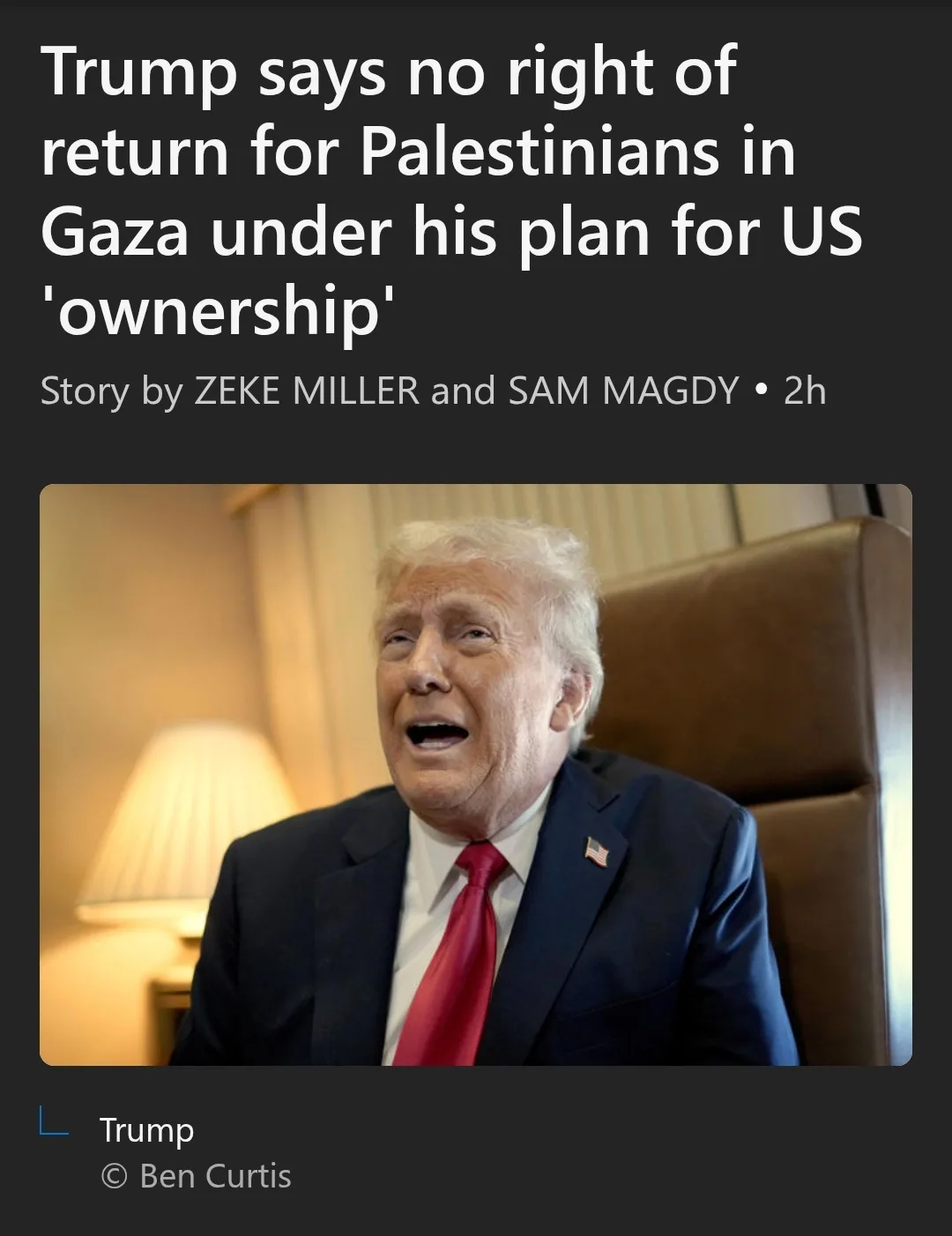 A screenshot of a news article header showing a photo of Donald Trump with his mouth open in an expressive manner, overlaid…