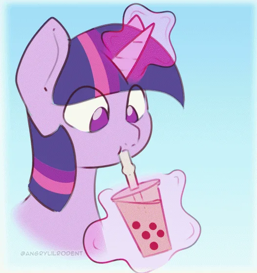 A six-panel comic strip shows Twilight Sparkle, a purple pony with a striped mane, happily sipping bubble tea in the first…