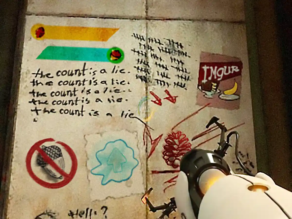 A first-person view from the video game Portal, showing a white portal gun in the foreground aimed at a wall covered in…