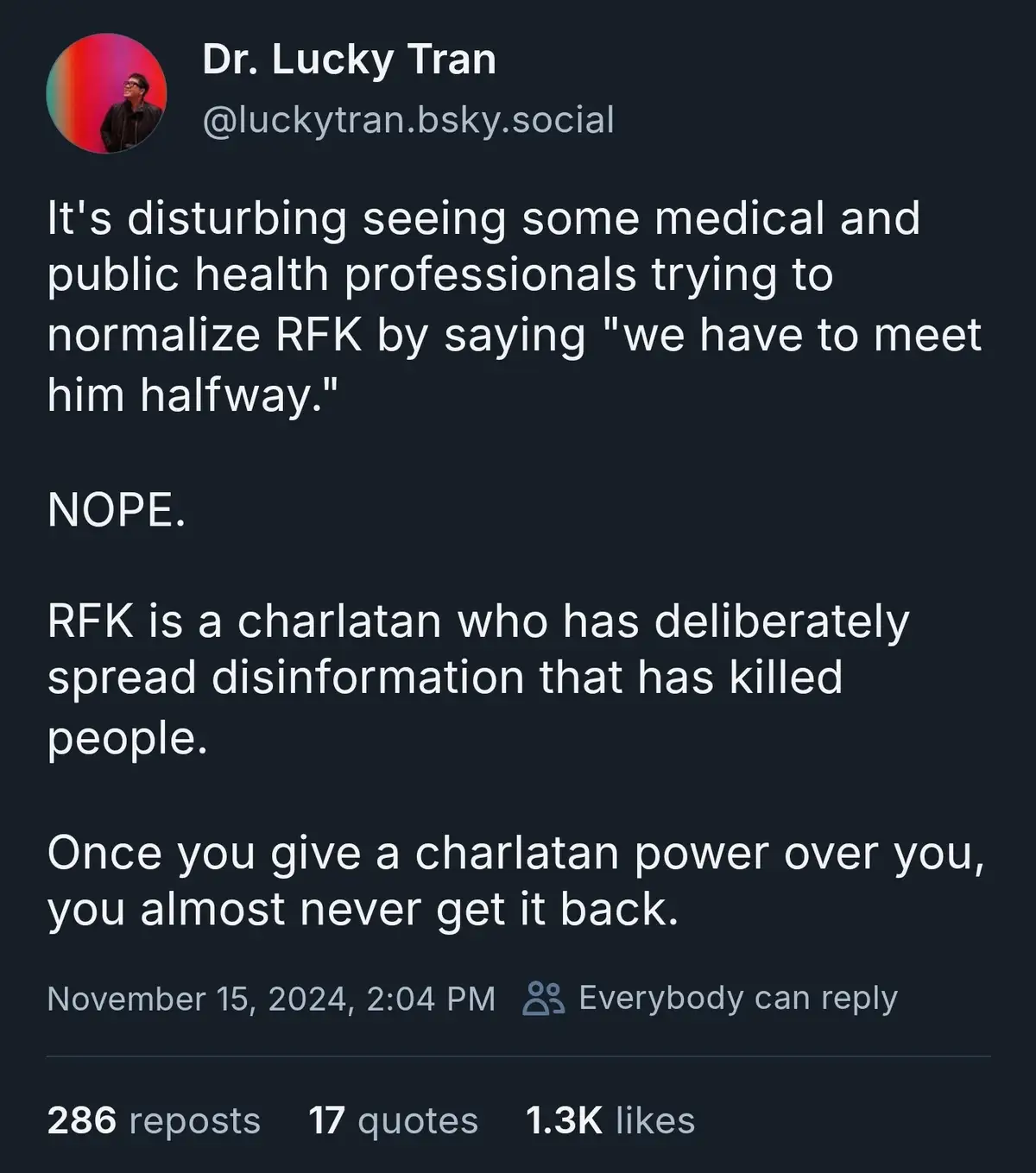 A screenshot of a social media post by Dr. Lucky Tran criticizing medical professionals for attempting to 'normalize' RFK, a…