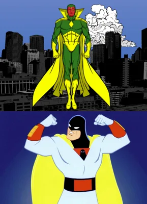 The image shows two cartoon superheroes standing atop a city skyline. The top figure is a green-skinned man in a green and…