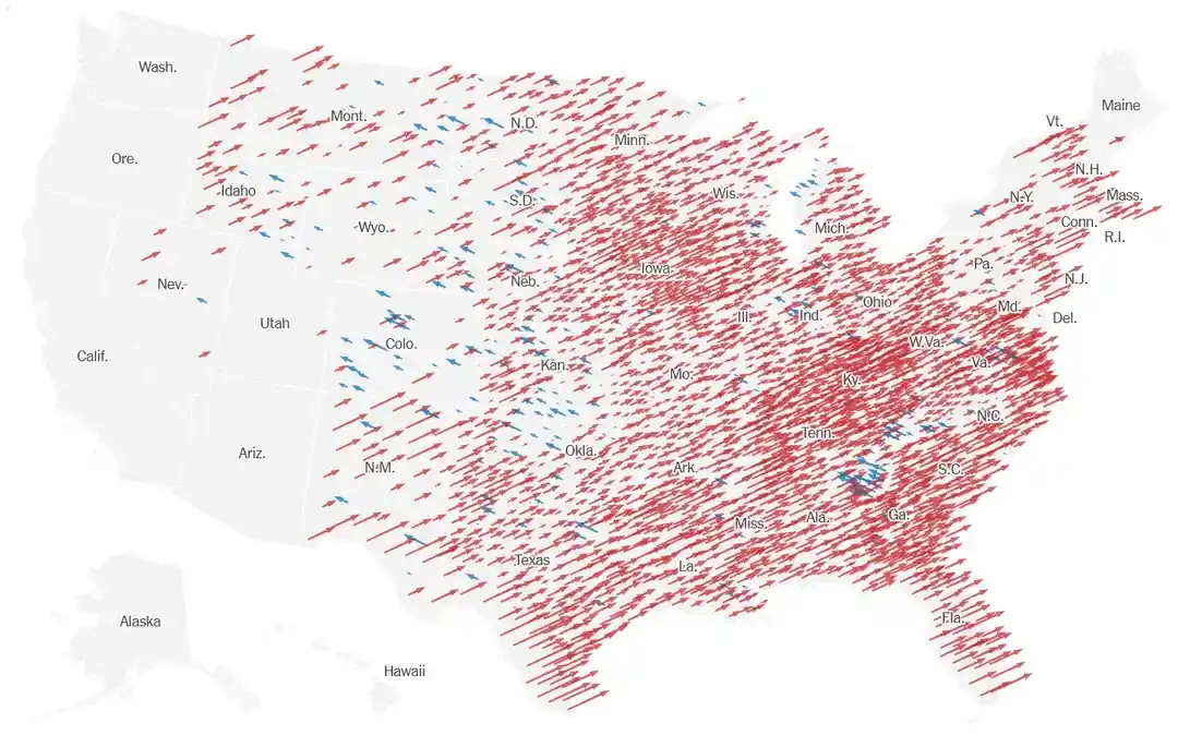 a map of the united states with red and blue arrows pointing in various directions across states, overlaid with the text…