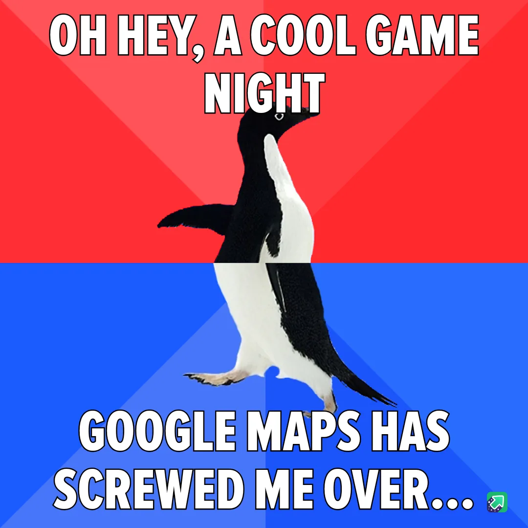 A penguin stands centered against a red and blue background, split diagonally. The top half has white text reading 'OH HEY…