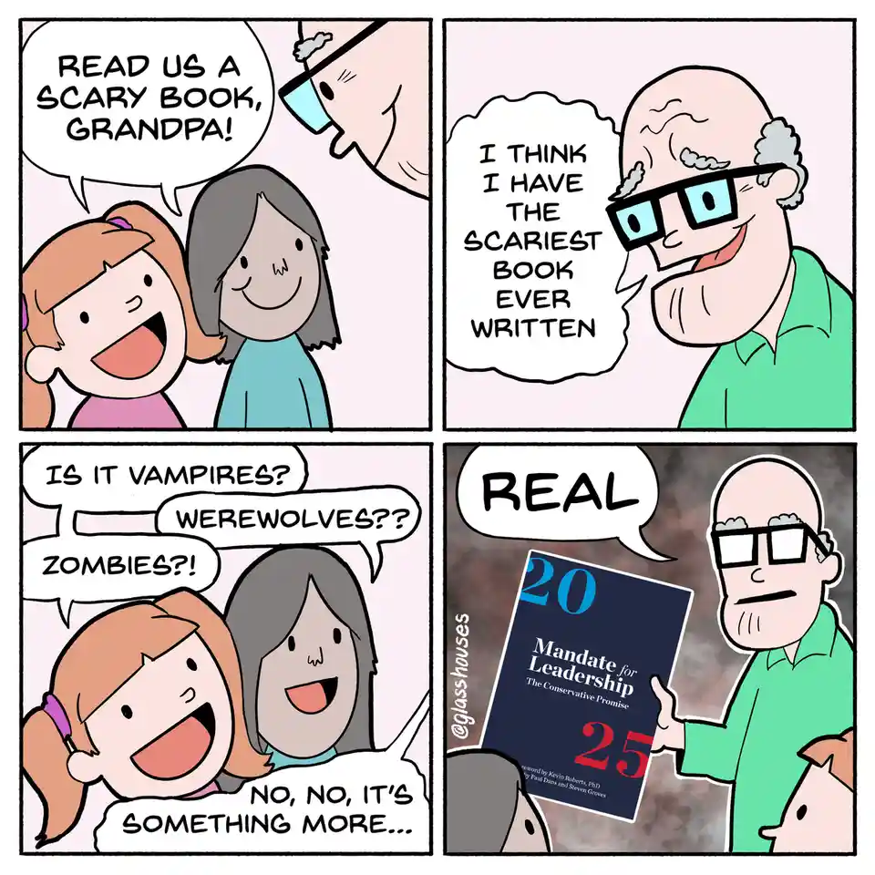 A four-panel comic shows two children asking their grandfather to read them a scary book. He claims to have the scariest…