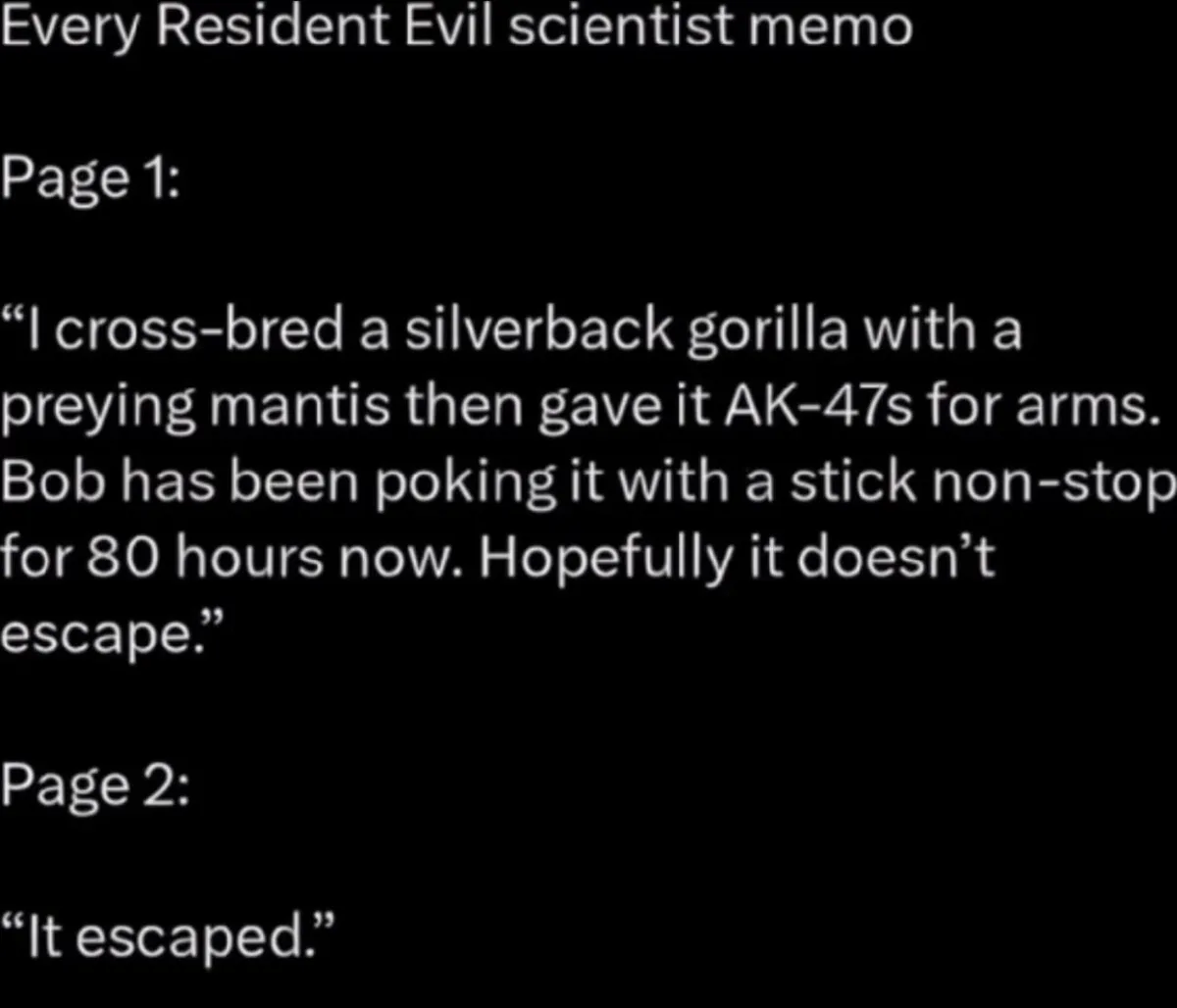 A black background displays white text mimicking a fictional memo from a Resident Evil scientist. Page 1 details a bizarre…