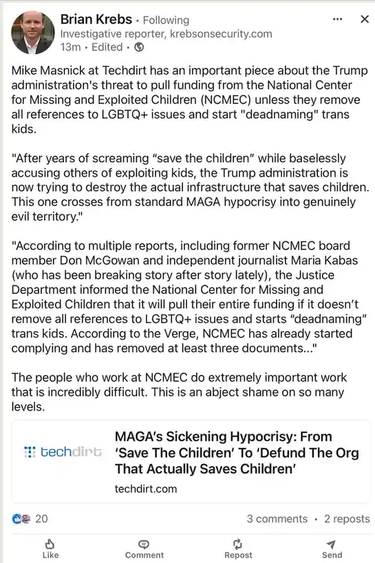 A screenshot of a Facebook post by Brian Krebs, an investigative reporter, sharing a Techdirt article. The post details how…