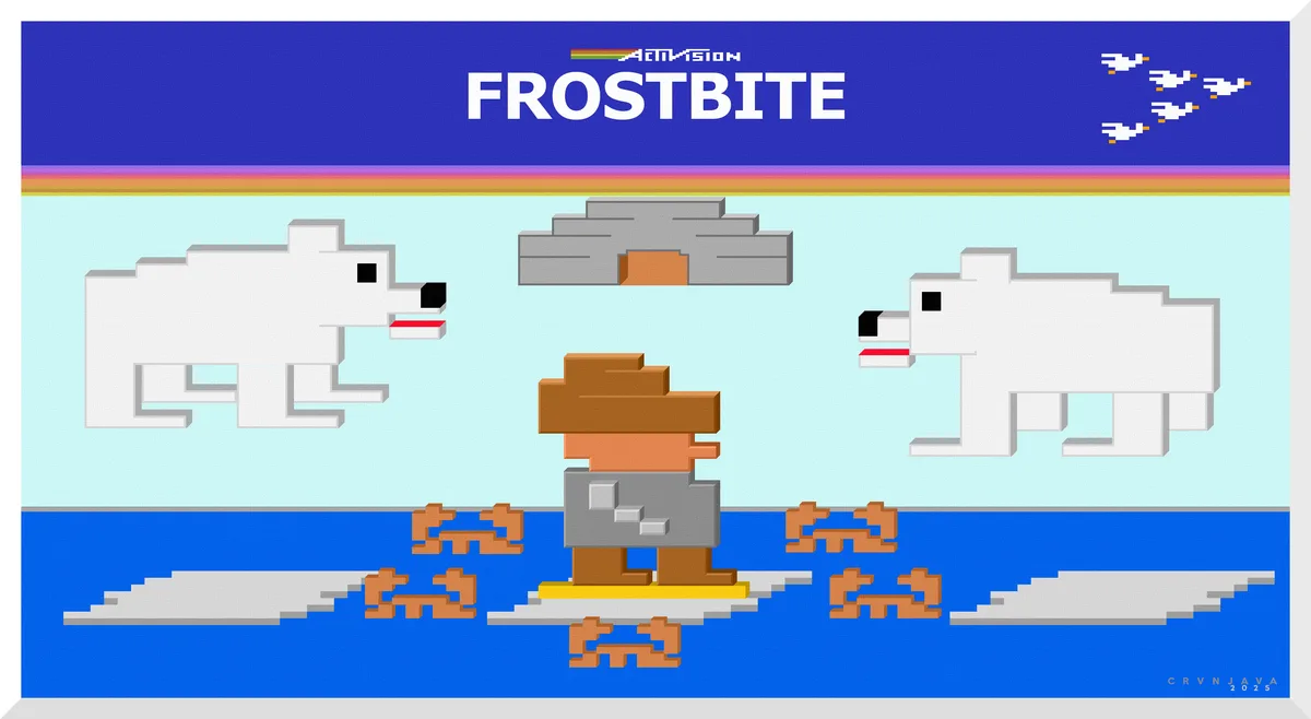 A pixel art image styled like an old Atari game, featuring a central character standing on ice surrounded by polar bears and…