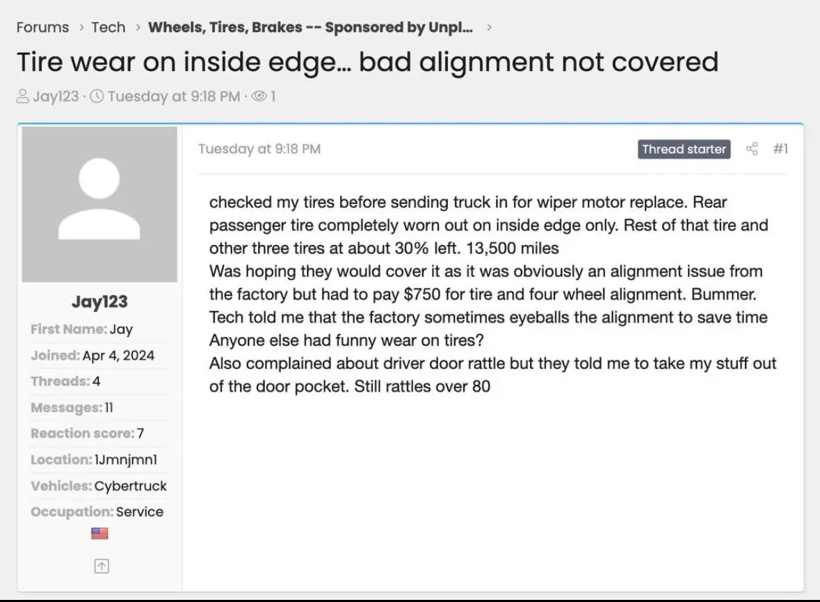 A screenshot of a forum post by user Jay123 about their Tesla Cybertruck, where they describe discovering severe tire wear…