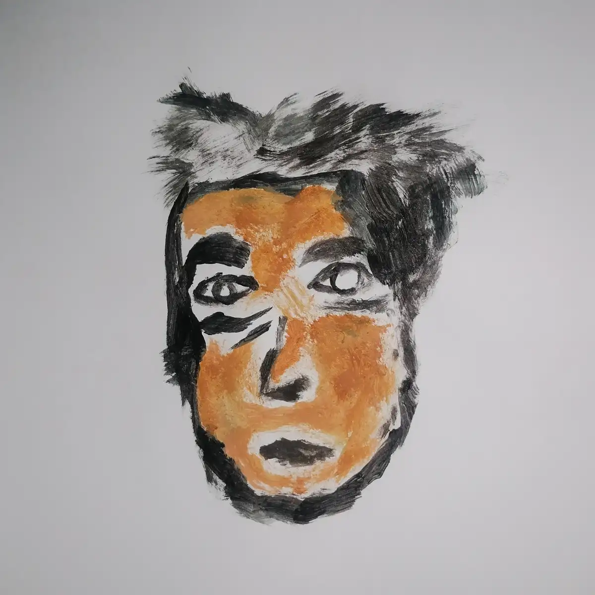 A hand-drawn portrait of a man's face with messy black hair, orange skin tones, and stark black outlines, set against a…