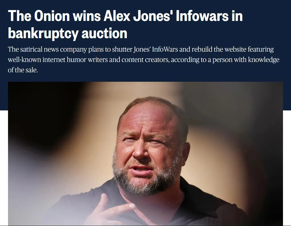 The image shows a close-up of Alex Jones with a serious expression, overlaid with a news headline that reads 'The Onion wins…