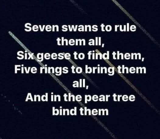 The image displays white text overlaid on a dark background with diagonal light streaks. The text reads: 'Seven swans to…