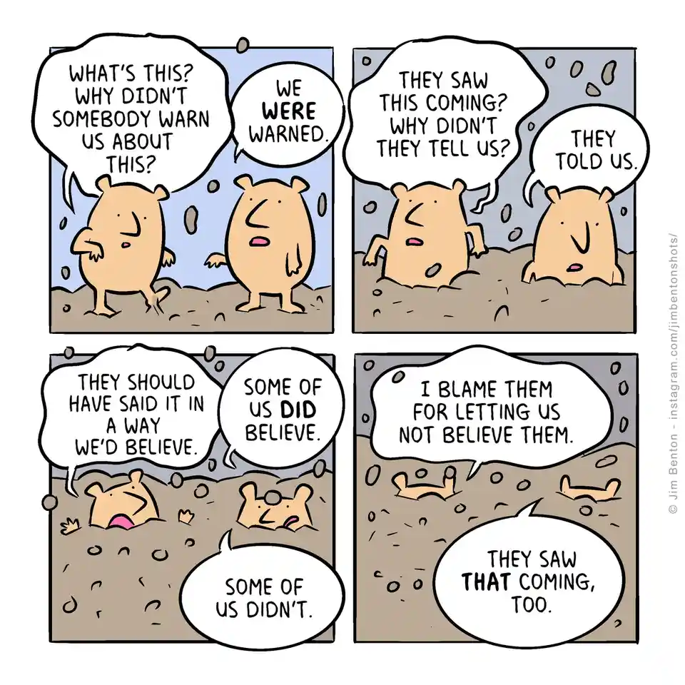 A four-panel comic strip featuring two cartoon hamsters reacting to a disaster. In the first panel, one hamster asks why…