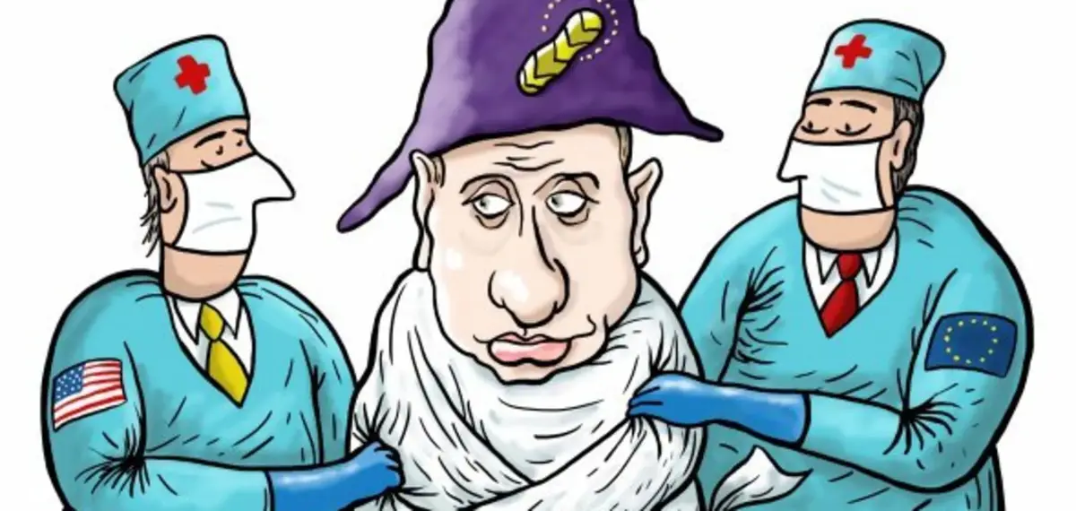 A cartoon depicts a man resembling Vladimir Putin wearing a purple wizard hat with a golden staff, being held by two masked…