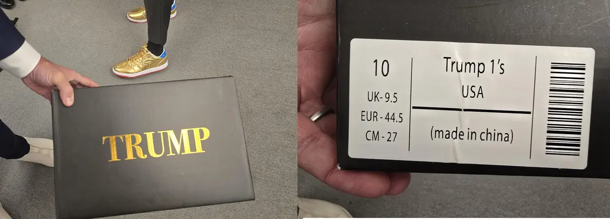 A split image shows a person holding a black box with 'TRUMP' in gold lettering, while another image shows a close-up of a…