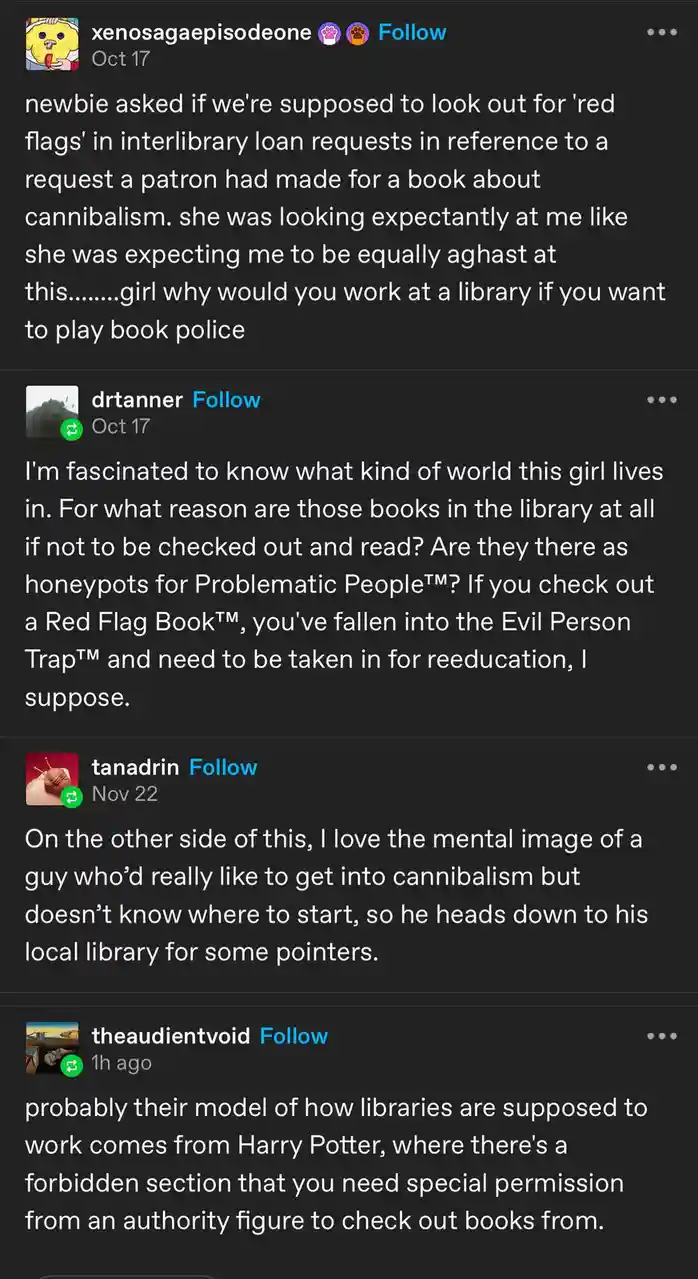 The image shows a screenshot of a social media thread discussing a librarian's reaction to a patron requesting a book about…