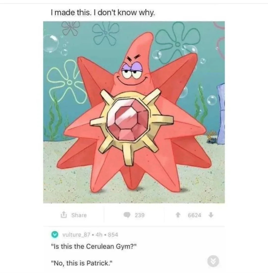 The image shows Patrick Star from SpongeBob SquarePants, but with a large, pink, gem-encrusted Poké Ball-like device…