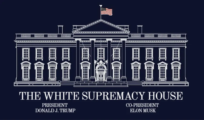 A white line drawing of the White House on a dark blue background, with an American flag on top. Overlaid text reads 'THE…