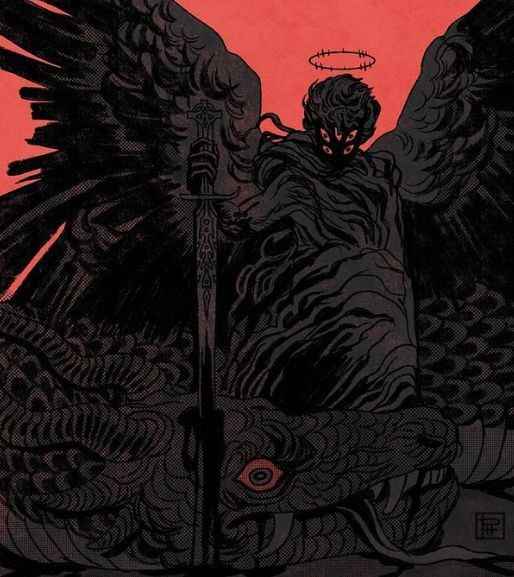 A dark, stylized illustration depicts a fallen angel with large black wings and a halo made of barbed wire, standing over a…