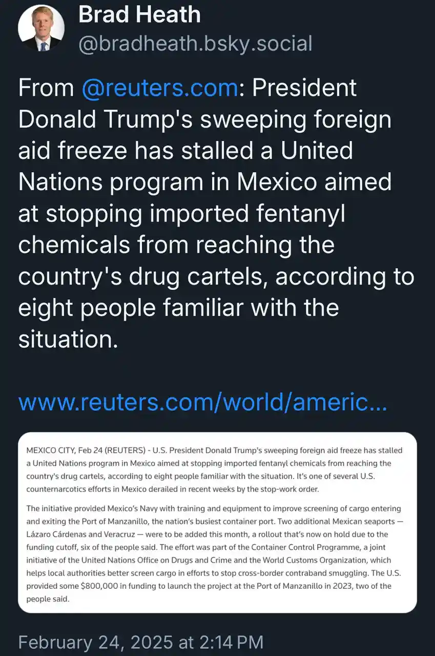 A screenshot of a social media post by Brad Heath showing a Reuters article about how Trump's foreign aid freeze halted a UN…
